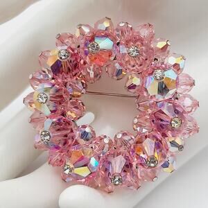 Vintage 1960s Pink Crystal Beaded Brooch Rhinestone Head Pin Accents